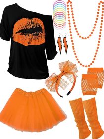 Blulu 80s Costume Accessories Set T-Shirt Tutu Headband Earring Necklace Leg Warmers (Color: Orange, size: 3XL)