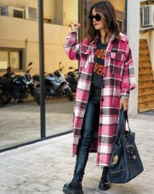 Fashion Long Plaid Coat Autumn Shirt Coat Woolen Coat Streetwear Women Clothing Loose Coat Female Casual Jacket (Color: hot pink, size: M)
