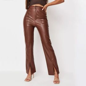 Brown PU Leather Pants For Women High Waist Solid Pocket Leg Split Women's Pants 2021 Autumn Winter Fashion Sexy Trousers Female (Color: Brown, size: XL)