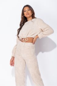 BEIGE TEDDY BORG CROPPED TOP & JOGGER LOUNGE SET (Color: Beige, size: 10)
