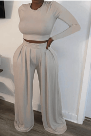 SETS WIDE TWO PIECE HIGH-WAIST PANTS (Color: Off White, size: Xlarge)